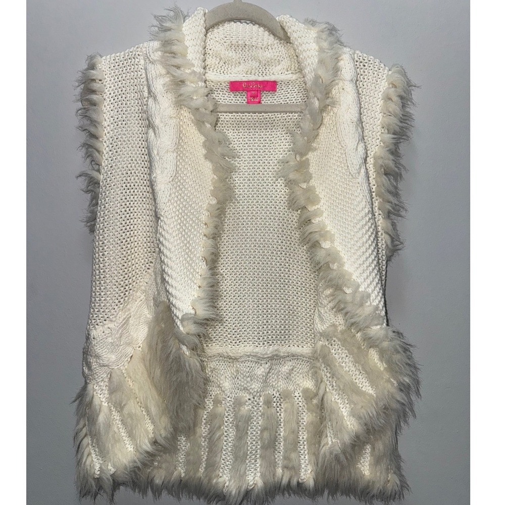 Lilly Pulitzer Womens Cream Faux Fur Trim Cable Knit Open Front Vest Medium